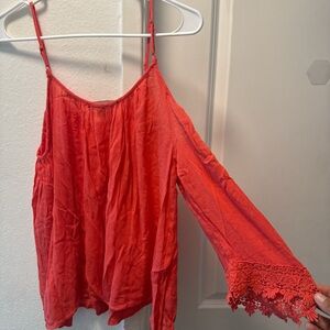 Red Lace Trim Cold Shoulder Top